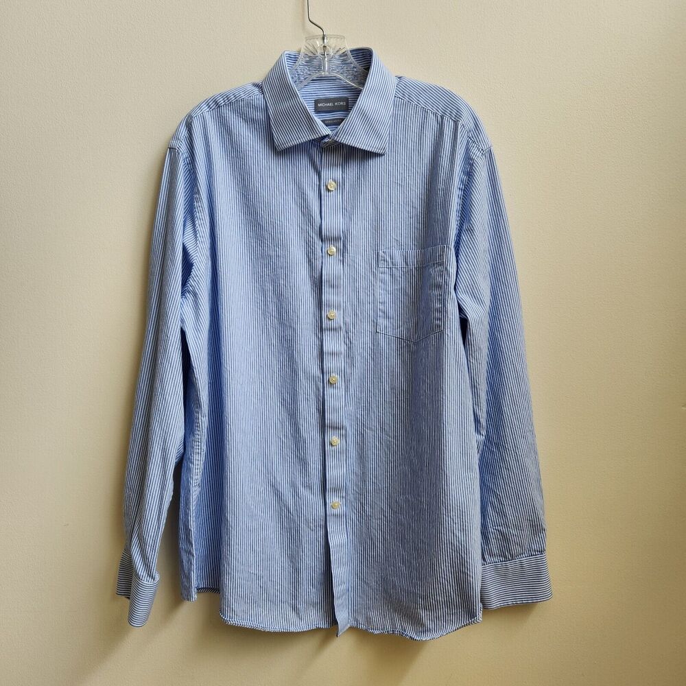 Michael Kors Shirt Men's 17.5 34/35 XL Blue White Stripe Button Up Regular Fit